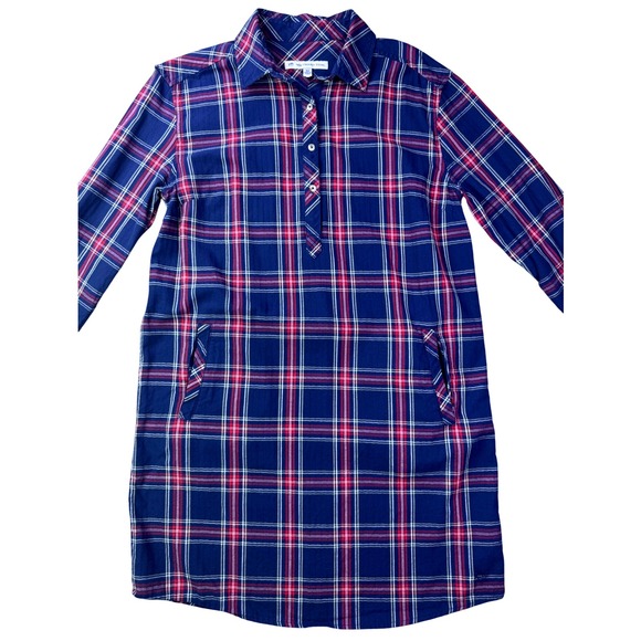 Southern Tide Women's Plaid Shirt Dress Size Medium Long Sleeve Roll Tab Navy - Picture 4 of 12